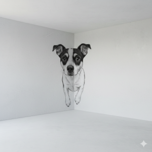 The "Peek-a-Boo" Corner: A mural designed specifically for a corner where the dog appears to be peeking around the physical edge of the wall into the room.