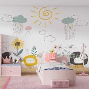 A child's bedroom with a cheerful mural.