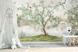 A serene outdoor scene mural with a tree in the centre that has green leaves and white hanging blossoms.