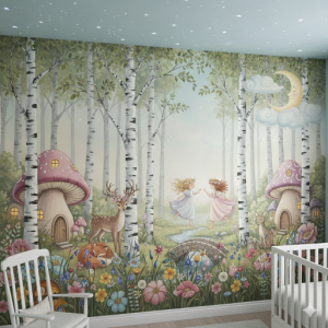 A waist-high Wildflower Meadow mural of various stalks and petals, making it feel like the girl's crib is tucked into a garden.