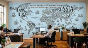 A world map where the landmasses are formed entirely by the names of the countries and cities in various artistic fonts.