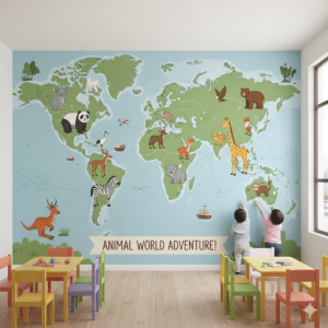 Animal World Map Kindergarten Wallpaper Mural