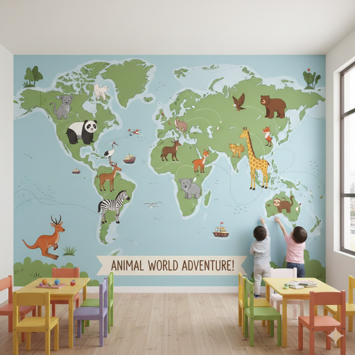 Animal World Map Kindergarten Wallpaper Mural Animal World Map Kindergarten Wallpaper Mural