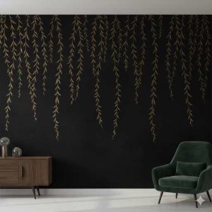 Cascading Willow Branches Matte Black Wallpaper and Gold Leaves