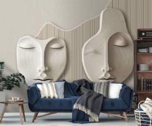 Contemporary Living Room 3d Relief Off White Matte Wallpaper Mural.