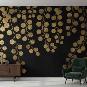 Distressed Metallic Eucalyptus Matte Black Wallpaper with Gold Leaves