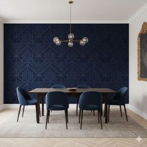 Navy Blue Velvet Geometric Dining Room Wallpaper