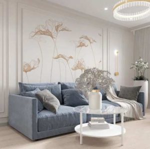 Stylized line floral line art mural in subtle gold on white matte wallpaper. 