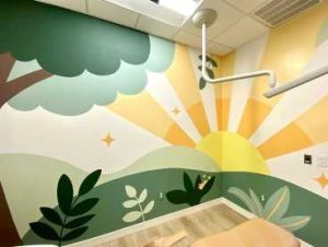 Stylized outdoor scene, biophilic, kindergarten wallpaper mural.