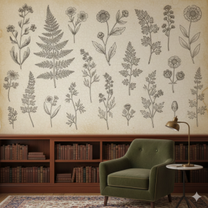Vintage Botanical Parchment Library Wallpaper Mural