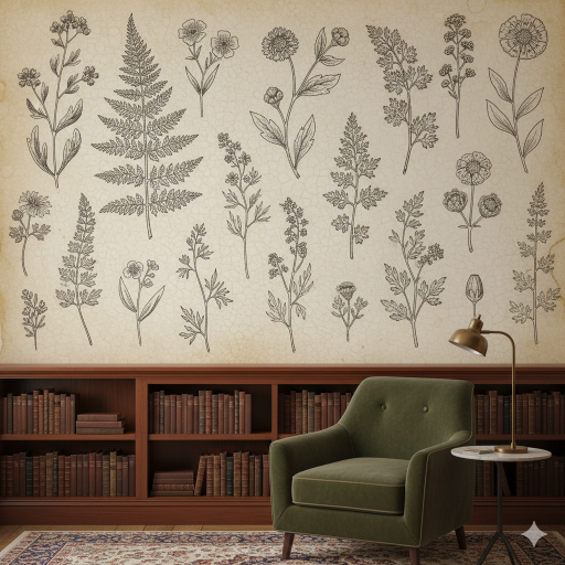 Vintage Botanical Parchment Library Wallpaper Mural Vintage Botanical Parchment Library Wallpaper Mural