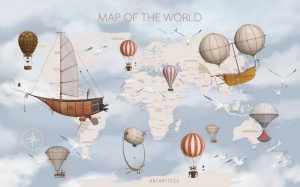 Whimsical illustration of the map of the world in a soft cloud setting.