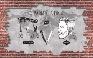 A vintage black and white barbershop interior design wallpaper mural
