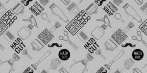 Black and white line art illustration of barbershop wallpaper mural featuring various classic barber and grooming tools.