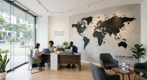 Minimalistic travel agency interior design with a world-map mural.