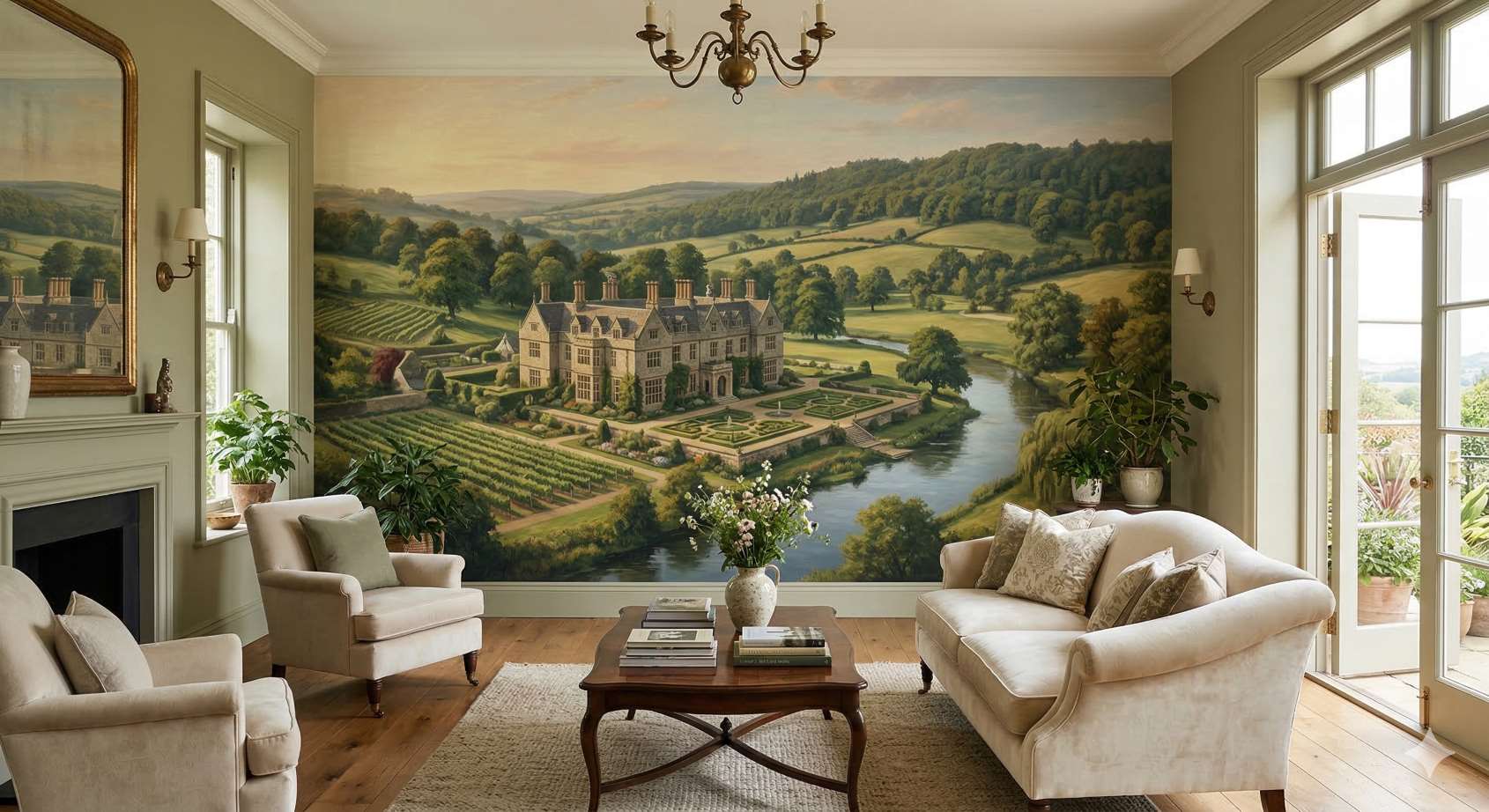 Scenic estate wallpaper mural in a living room. Scenic estate wallpaper mural in a living room.