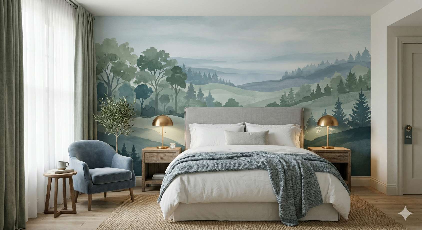 Hotel Room Wallpaper Mural in Blues, greens, and soft grey colours for promoting sleep and relaxation. Hotel Room Wallpaper Mural in Blues, greens, and soft grey colours for promoting sleep and relaxation.