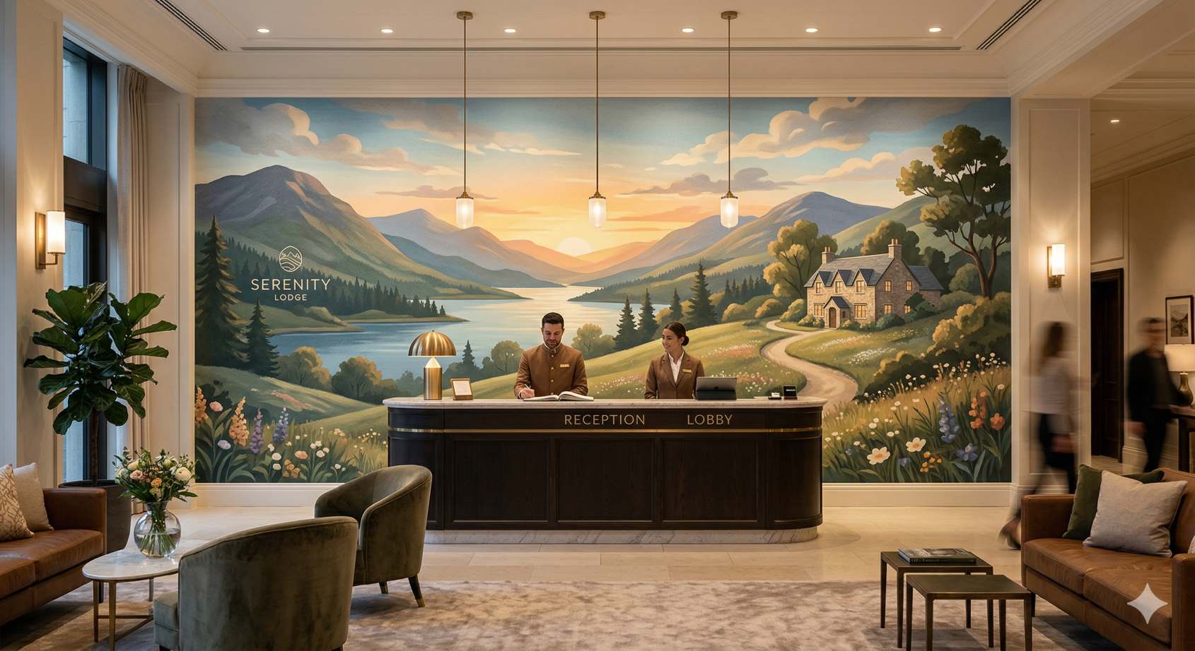 Landscape hotel wallpaper design for the reception area. Landscape hotel wallpaper design for the reception area.